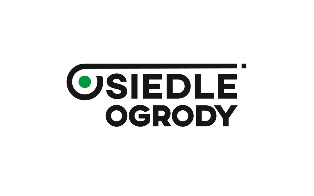 Czarny napis "Osiedle Ogrody" zielona duża kropka w pierwszym "O"