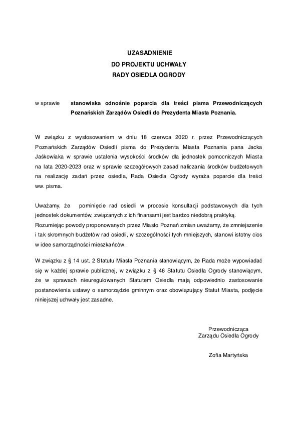 Uzasadnienie Rady Osiedla Ogrody z 22-06-2020