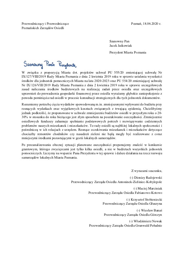 Pismo do Prezydenta Miasta Poznania