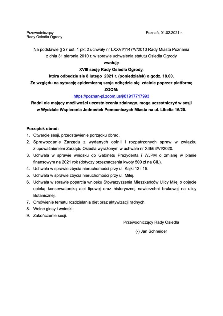 Porządek obrad Rada Osiedla Ogrody Poznań