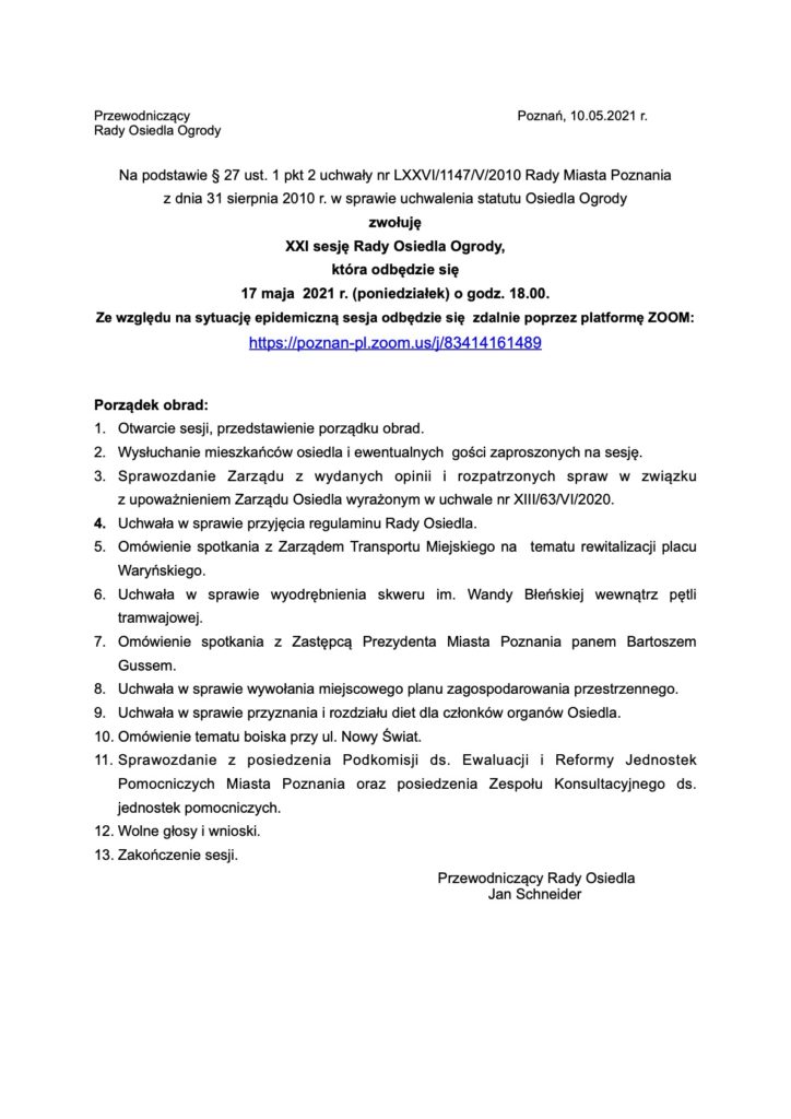 Osiedle Ogrody Poznań Rada Osiedla Ogrody Poznań porządek obrad sesja XXI