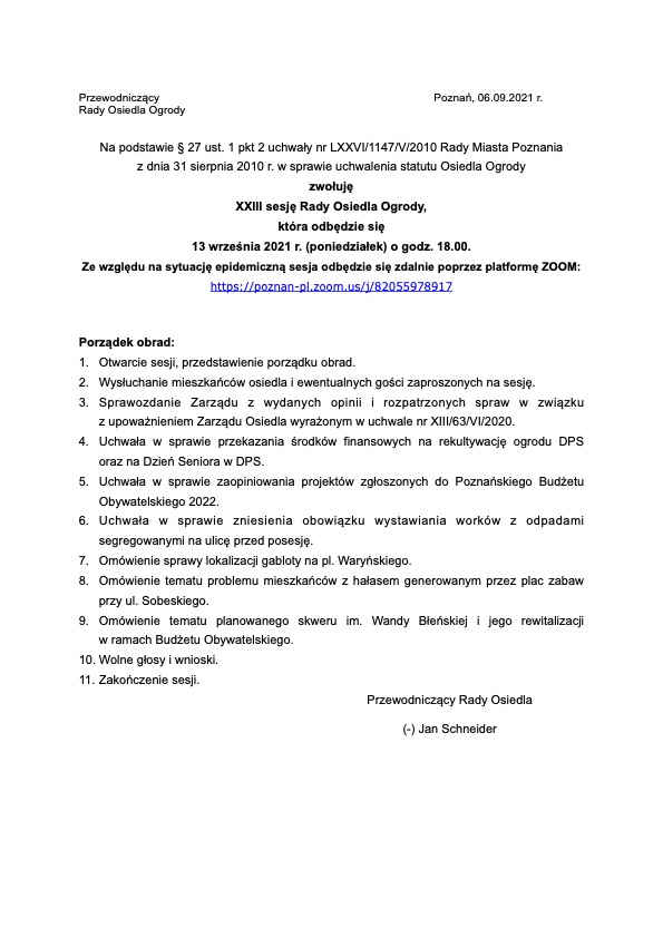 Rada Osiedla Ogrody Poznań porządek obrad 13-09-2021