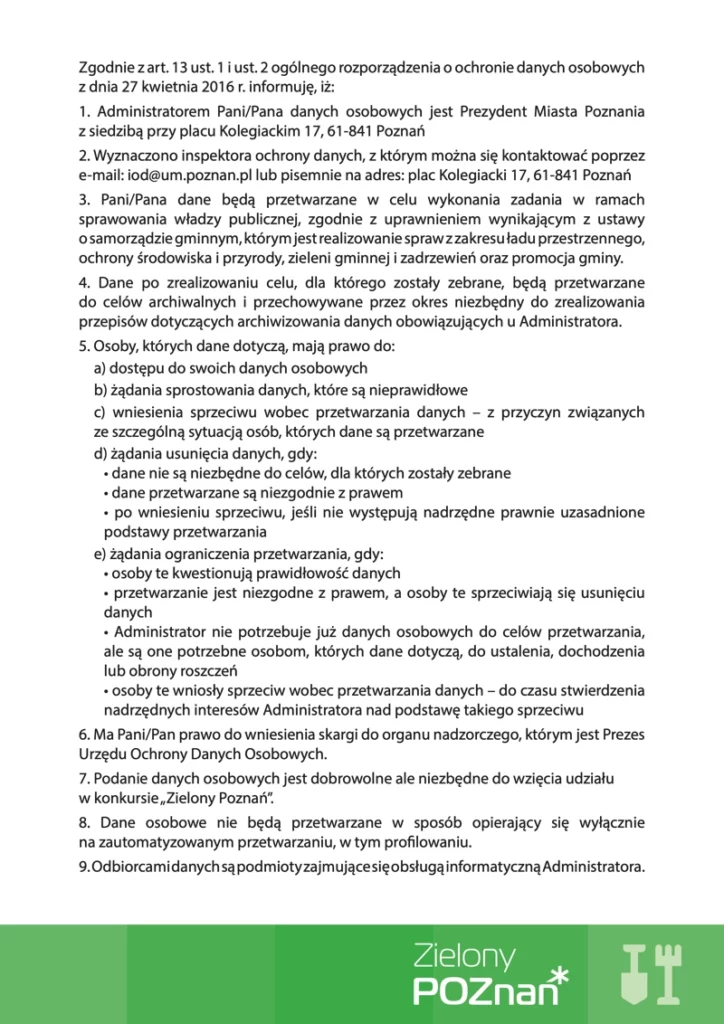 Konkurs Zielony Karta Zgłoszeniowa 