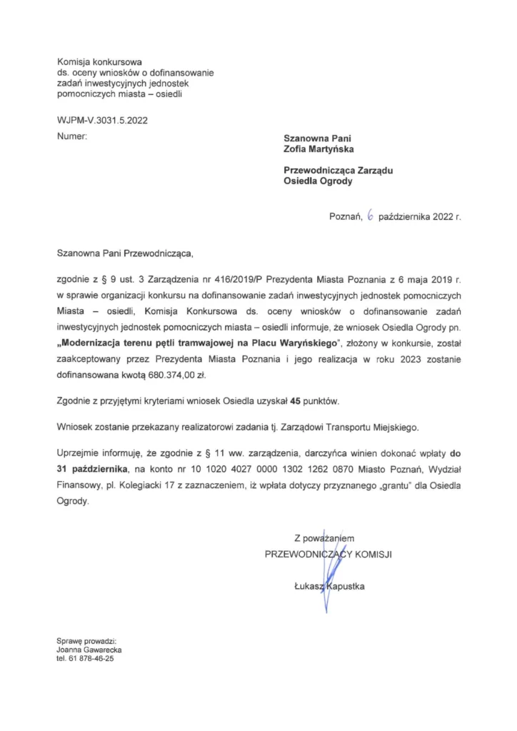 Pismo Pętla Ogrody Poznań