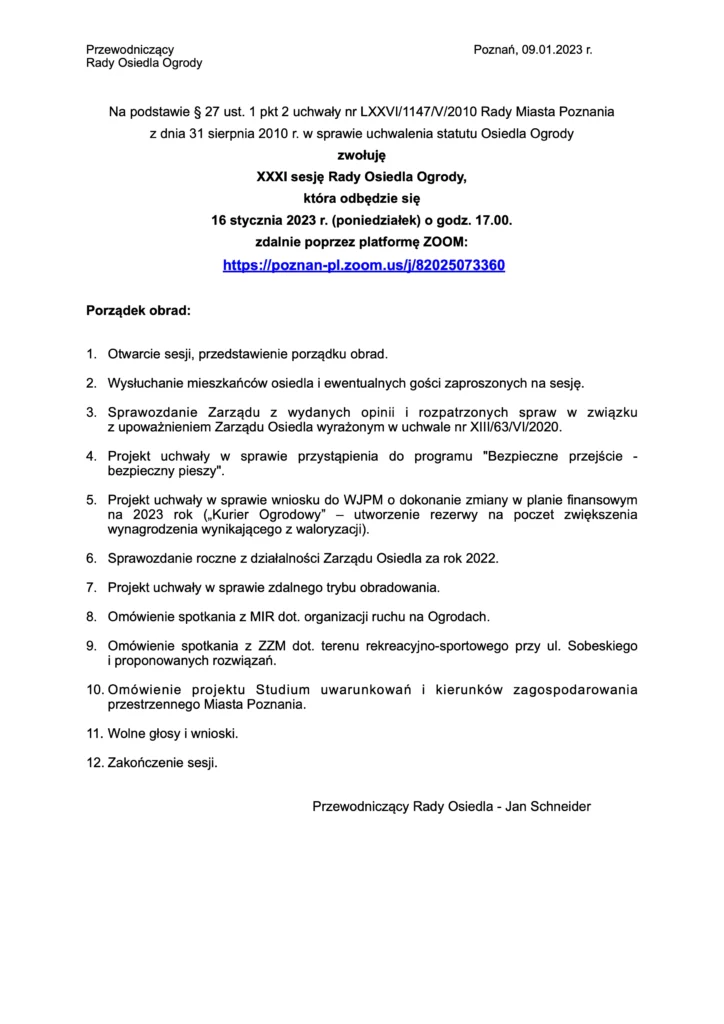 Plakat porządek obrad Rada Osiedla Ogrody