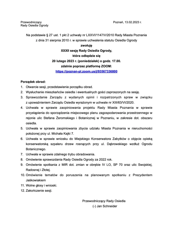 Plakat XXXII porządek obrad Rada Osiedla Ogrody 2023-01-16