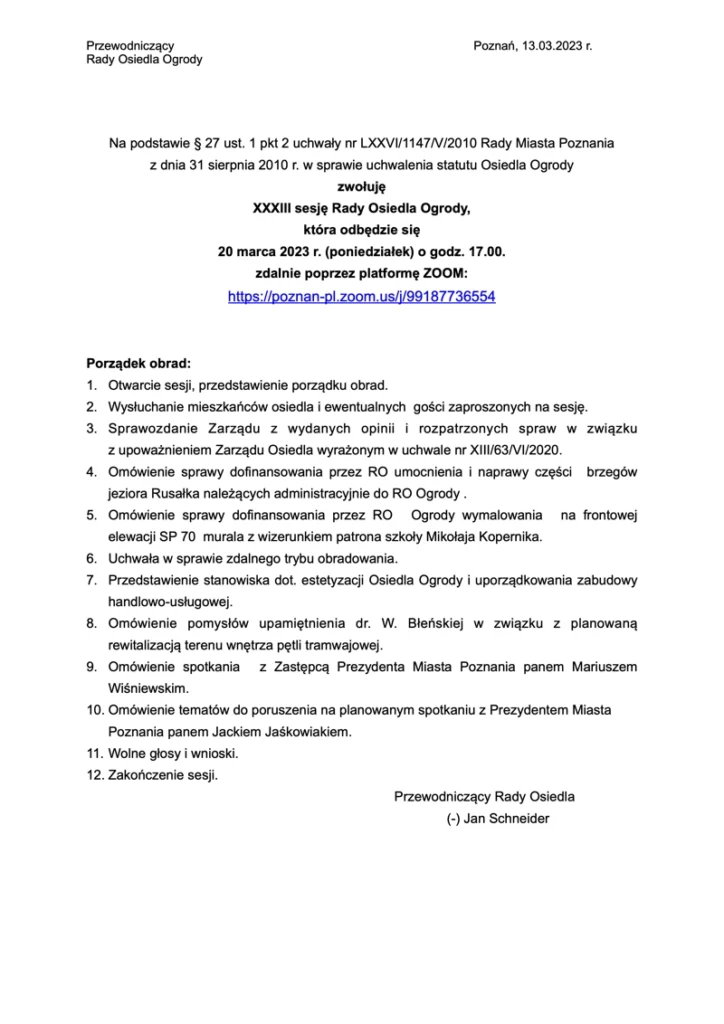 Plakat XXXIII porządek obrad Rada Osiedla Ogrody 2023-03-20