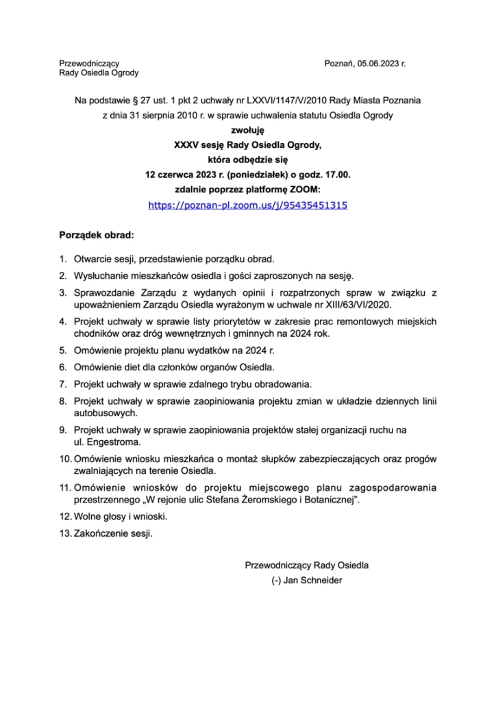 Plakat XXXV porządek obrad Rada Osiedla Ogrody 2023-06-12