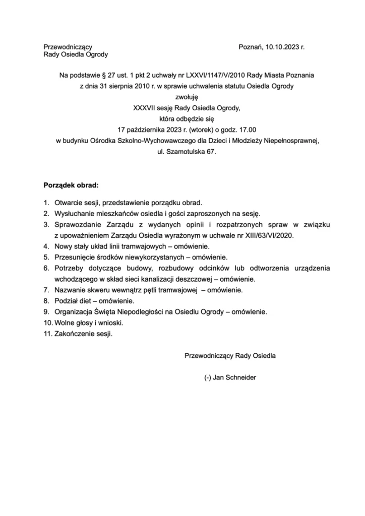 Plakat XXXVII porządek obrad Rada Osiedla Ogrody 2023-10-17