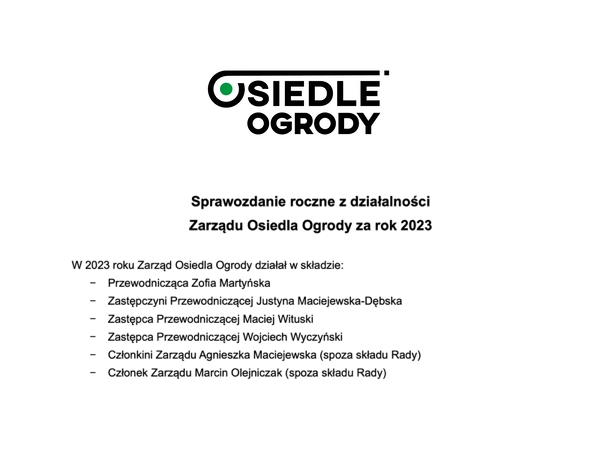 Sprawozdanie Zarządu Rady Osiedla Ogrody za 2023