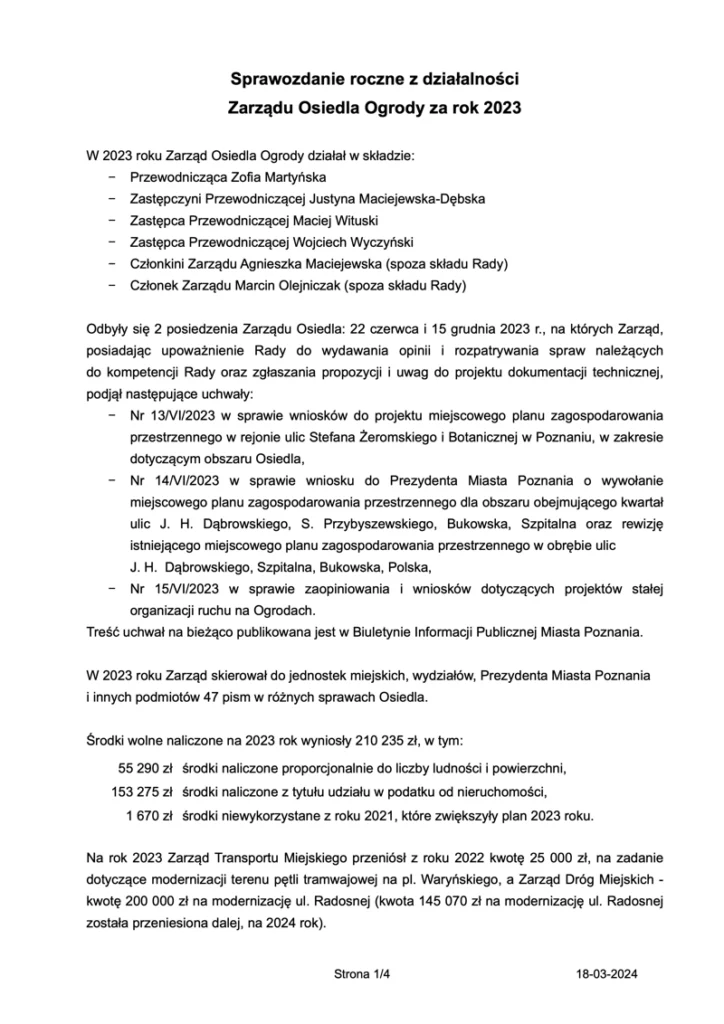 Rada Osiedla Ogrody Poznań sprawozdanie zarządu za 2023 str.1
