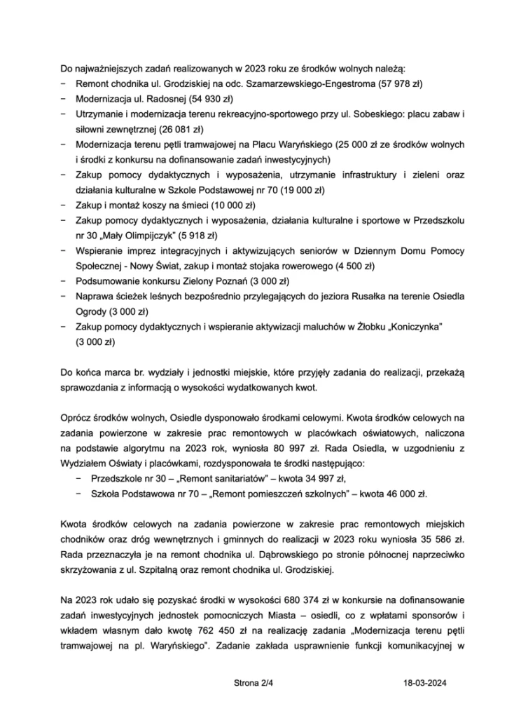 Rada Osiedla Ogrody Poznań sprawozdanie zarządu za 2023 str.2
