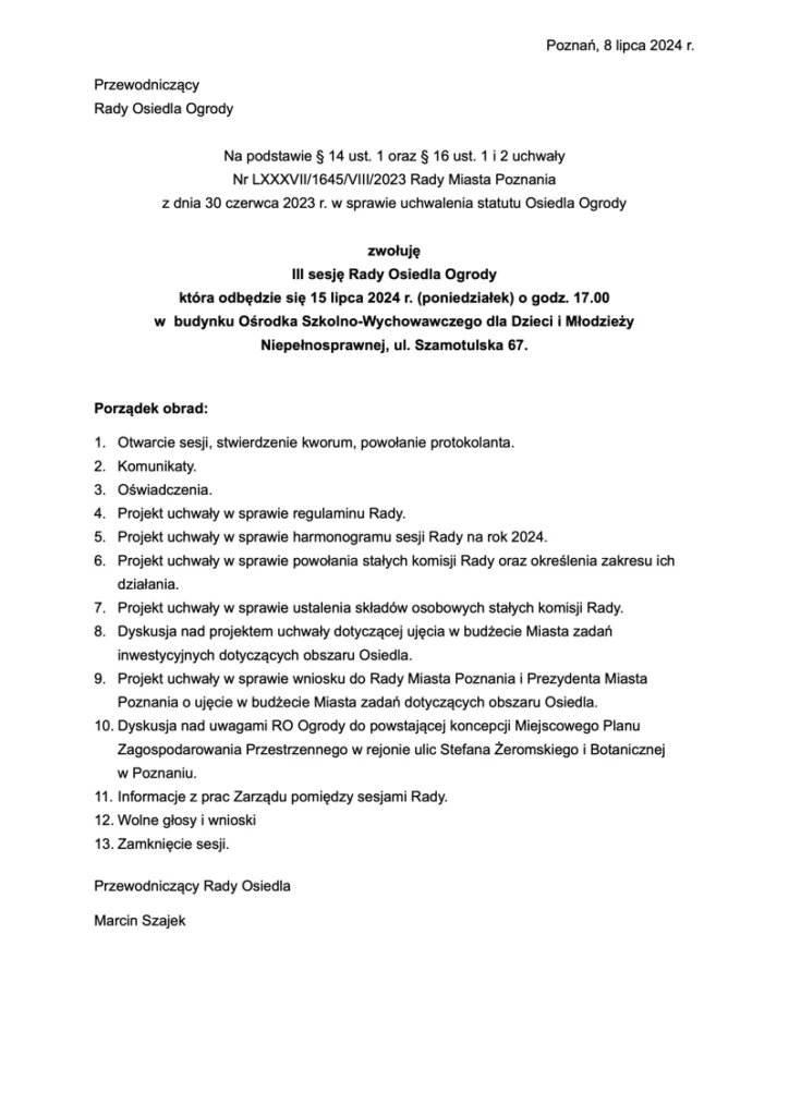 Plakat III porządek obrad Rada Osiedla Ogrody 2024-07-15
